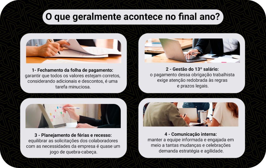 O que geralmente acontece no final do ano do profissional de RH?
1. Fechamento da folha de pagamento
2. Gestão do 13º salário
3. Planejamento de férias e recesso
4. Comunicação interna