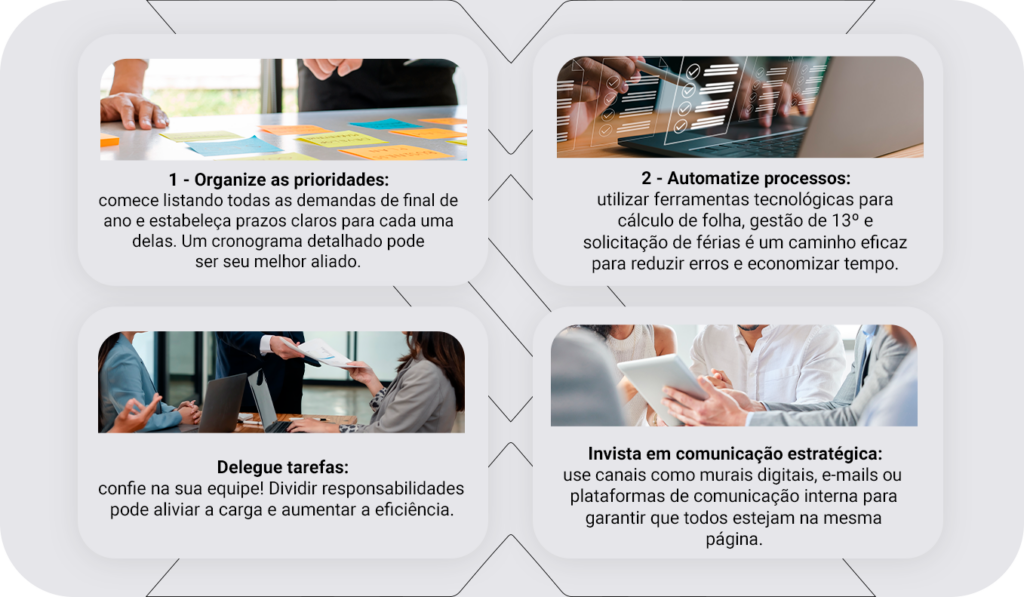 Como simplificar a rotina do profissional do RH em momentos sazonais?
1. Organize as prioridades
2. Automatize processos
3. Delegue tarefas
4. Invista em comunicação estratégica